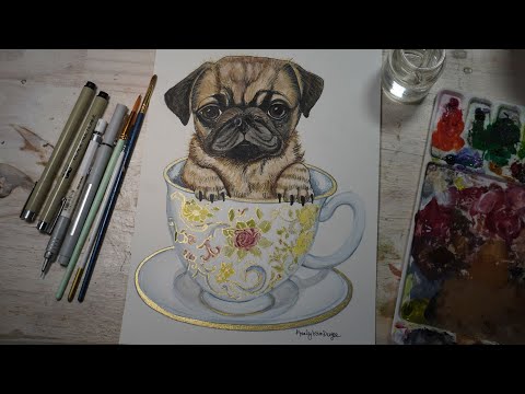 Teacup pug watercolor painting. Part 2 #watercolorpainting #art #pug