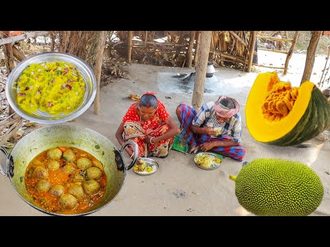 Jack Fruit Kofta Curry and Pumpkin Vorta recipe cooking & eating by santali tribe old couple