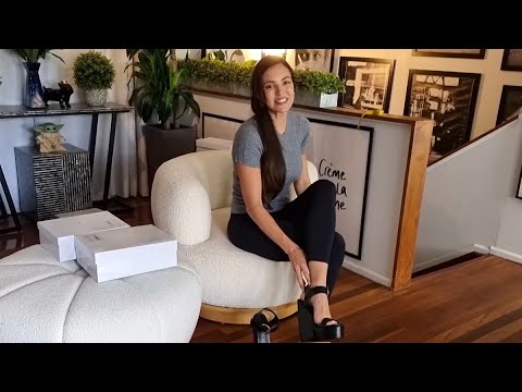 Amanda Unboxes Black Faux Leather 6 Inch High Heel Wedge Sandals With Large Retro Buckle