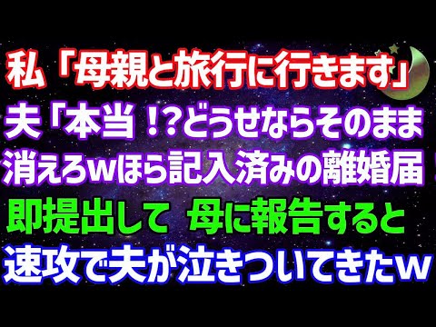 【スカッとする話】私「母親と旅行に行きます」夫「本当！？どうせならそのまま消えろwほら記入済みの離婚届！」即提出して、母に報告すると速攻で夫が泣きついてき