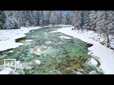 4K UHD Winter Wonderland: Peaceful Sounds of a Flowing Mountain River in Winter in - White Noise