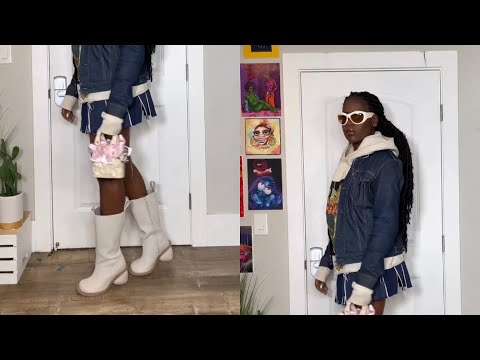 Deep blue denim jean Jacket + Cream Custom Patch Hoodie & Blue Custom Skirt w / White Boots