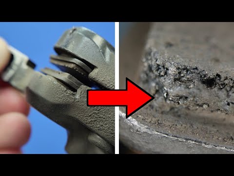 Repairing a bicycle's hydraulic brake. Brake pads under a microscope