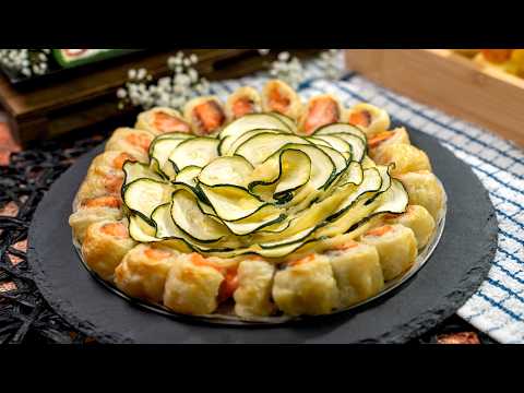 Puff pastry snacks. Salmon baked in puff pastry with zucchini, Baked Dipping Ring with Camembert