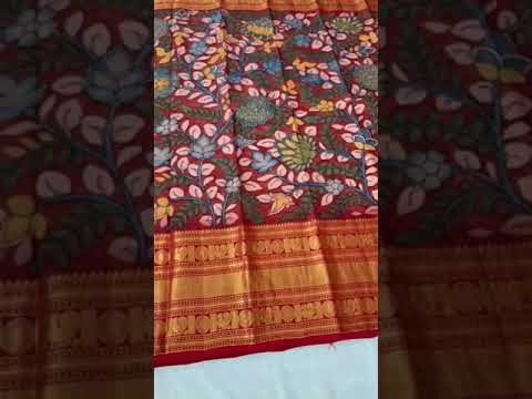 FULL HAND DRAWN PEN KALAMKARI WORK IN FULL SAREE WITH NATURAL COLOURS) KANCHIPURAM PURE SILK saree