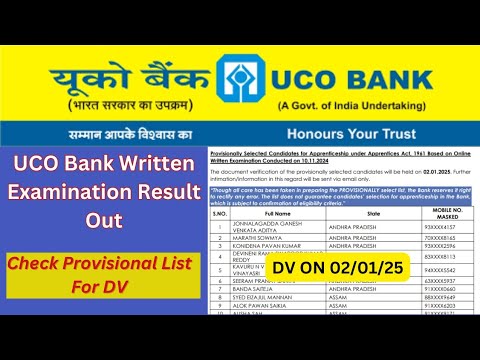 UCO Bank Apprentice 2024|UCO Bank Apprentice Written Exam Result Out| Provisional List Of Out 2024|