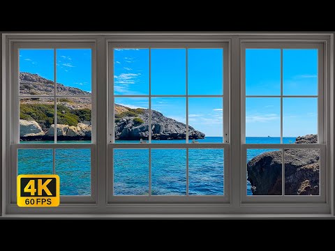 4K Greece beach window view - Relaxing, Calming, Ambience