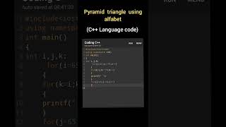 pyramid triangle using alfabet in c plus plus,alphabet pyramid pattern in c,#coding #news #code