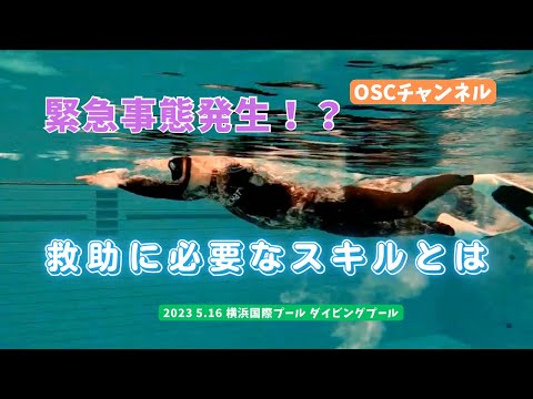 緊急事態発生！？救助に必要なスキルとは？水深５ｍプールでレスキューの練習！OSCスキンダイビング講習会（基礎編・応用実践編）の練習風景 in 神奈川・横浜国際プール