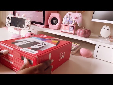 Unboxing the White Nintendo Switch OLED | Cozy Pink Gaming Setup