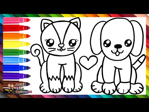 Draw and Color a Cute Dog and a Cat 🐶❤️🐱🌈 Drawings for Kids