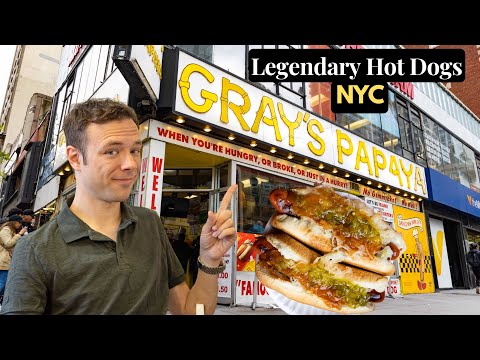 Eating at Gray's Papaya. Legendary NYC Hot Dogs