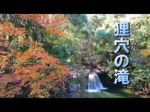 紅葉の「狸穴の滝」を空撮　竹田市