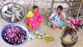 BATA FISH CURRY with RED SAPLA and BRINJAL FRY cooking & eating by santali tribe old couple