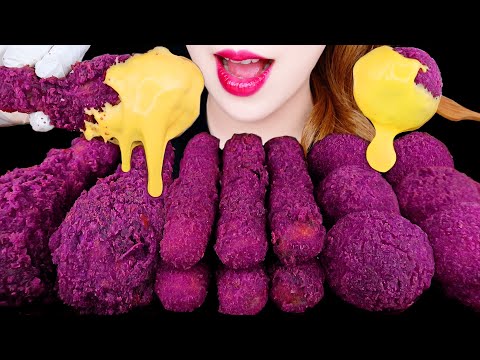 ASMR PURPLE CHICKEN, CHEESE STICK, CHEESE BALL, SWEET POTATO FOOD COOKING EATING SOUNDS MUKBANG 먹방