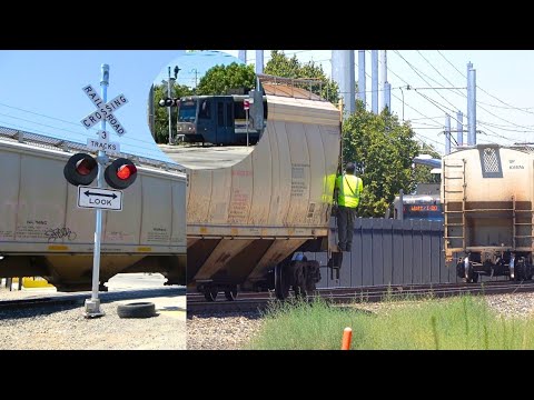 Union Pacific Grainer Switching At Pollock Siding | Meadowview Rd Crossing & SACRT, Sacramento CA