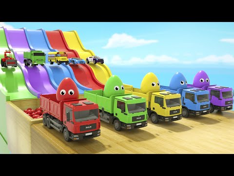 Baby Shark Song - 5 multi-colored eggs and 5 multi-colored cars - Baby Nursery Rhymes & Kids Songs