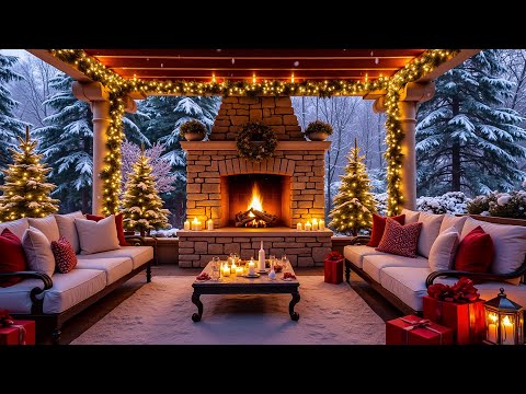 Serene Winter Porch Ambience ❄️ Jazz, Snowfall, & Fireplace Sounds for Christmas