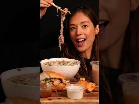 🥘 Vietnamese Breakfast Mukbang 🥤 ASMR Couple - Pho noodles, Crispy Pork Banh Mi #shorts #mukbang