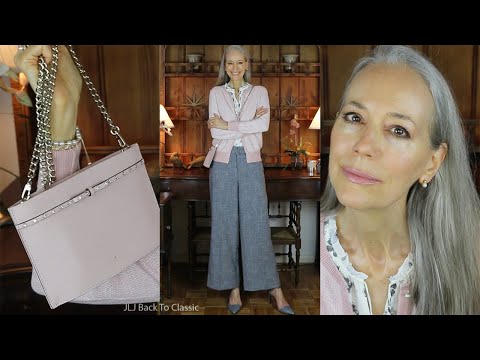 Kate Spade Crossbody, Blush Cardigan, Grey Wide-Leg Pants OOTD / Classic Fashion, Elegant Style