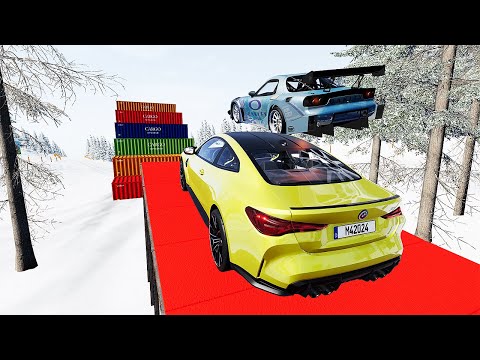 Cars VS Winter Road Ramp Container Jump Parkour Challenge   BeamNG Drive