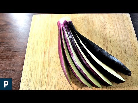 Cutting eggplant for Japanese Tempura