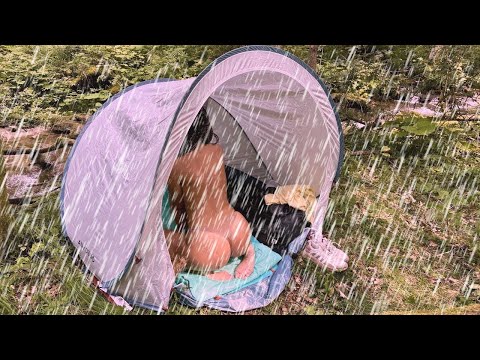 Rose Camping solo survival near stream, build own shelter and catch fish for meal