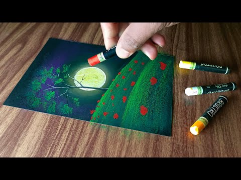 Very Easy Oil Pastel Drawing / Beautiful Moonlight Scenery For Beginners