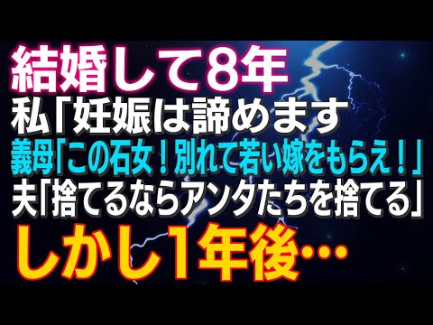 【スカッとする話】「妊娠は諦めます」義母「この石女！別れて若い嫁をもらえ！」夫「捨てるならアンタたちを捨てる」しかし1年後…