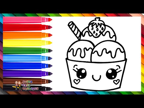 Draw and Color a Cute Ice Cream Bowl 🍨🟡🟤🔴🍓🌈 Drawings for Kids