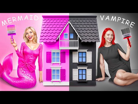 One Colored House Challenge! Mermaid vs Vampire! We Build a TINY HOUSE!