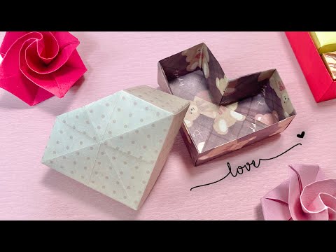 【バレンタイン】ハートの箱の作り方💝折り紙でできるプレゼントBOX✨蓋をしたらダイヤの箱に💎