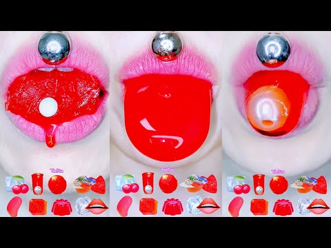 ASMR 赤い味のゼリー RED LIPS PUDDING ICE JELLY BALL PEARL TONGUE GUMMY MUKBANG 빨간맛 젤리 입술 얼음 혓바닥푸딩 먹방