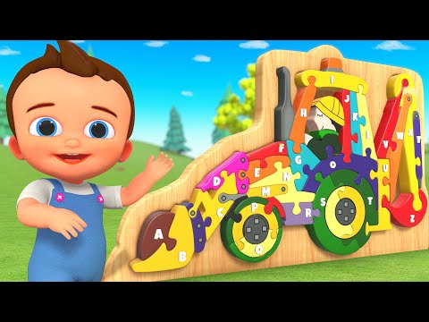 Cute Baby Learning Alphabets with Wooden Puzzle | ABC Nursery Songs for kids | Funny Excavator Ride