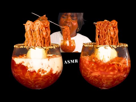 ASMR SPICY CREAMY NOODLES AND EGG MUKBANG (NO Talking) |Sticky Eating Sounds |Vikky ASMR