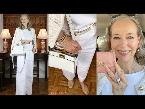 Timeless Style: Fendi Mini Peekaboo, Ivory Cardigan, White Tee,  White Jeans / Classic Over 50