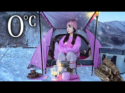 [0°C] Camping in the snow in a very cheap pink tent from Amazon [Camping in Japan].