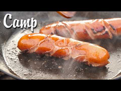 Grilling sausages and French toast over a campfire