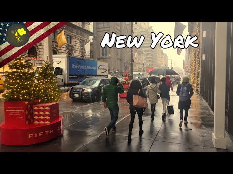 Rain Walking in New York: Manhattan Holiday Season Walk | 4K Festive Lights & Decorations