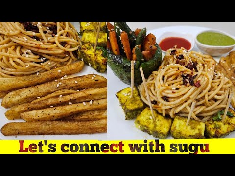 wheat spaghetti stir vegies stuffed capsicum paneer tikka with french fries