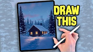 PROCREATE Landscape DRAWING Tutorial in EASY steps - Snow Cabin