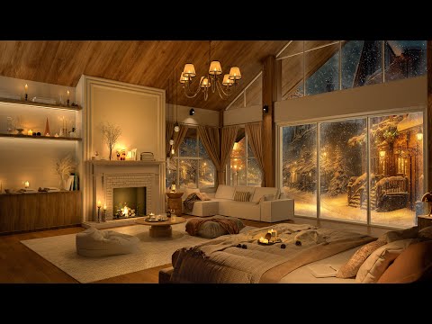 Winter Jazz Haven – 4K Warm Loft Bedroom with Snowfall Scenery and Gentle Music ❄️🎶