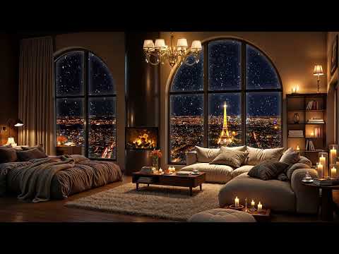 Cozy Apartment Ambience in Paris with Elegant Jazz Saxophone ❄ Snowfall & Fireplace Sounds for Relax