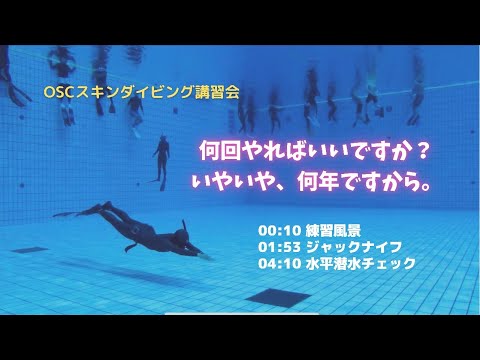 フリーダイバーも練習するダイビングプールでスノーケリング（シュノーケリング）の基本から！目指せライセンス取得！OSCスキンダイビング講習会（応用実践編）のスクール風景 in 東京辰巳国際水泳