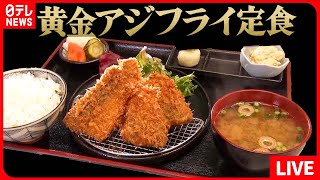 【アジフライまとめ】産地直送！甘みとうま味が詰まった黄金アジフライ定食 / 身が厚くてフワッとしてる、世界一のアジフライ / 刺身みたいな半生アジフライ 　など（日テレNEWS LIVE）