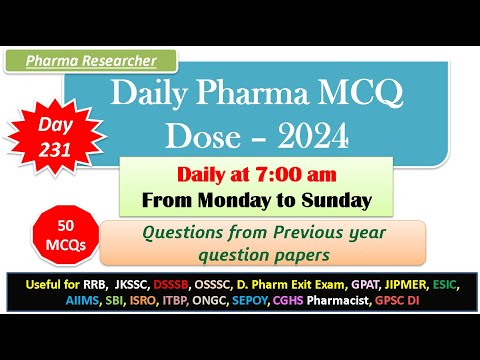 Day 231 Daily Pharma MCQ Dose Series 2024 II 50 MCQs II #exitexam #pharmacist #druginspector #dsssb