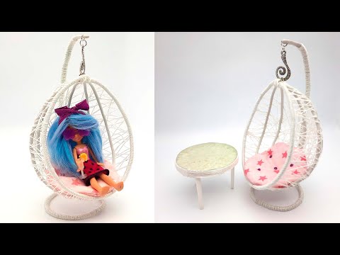 DIY How to make… Miniature Swing Egg Chair Rattan and glass table for the Doll. #dollfurniture