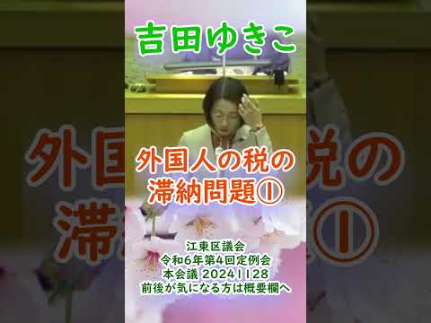 参政党【吉田ゆきこ】20241128重要部分③江東区議会令和6年第4回定例会【外国人の税の滞納問題①】