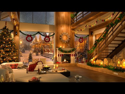 Warm Holiday Jazz Lodge – 4K Wooden Living Room with Festive Vibes and Snowfall Scenery 🎄🔥