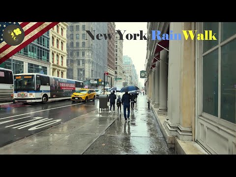 Walking in the Rain, Virtual Rainy, New York City,  Relaxing City Sounds 4K Virtual Tour ,